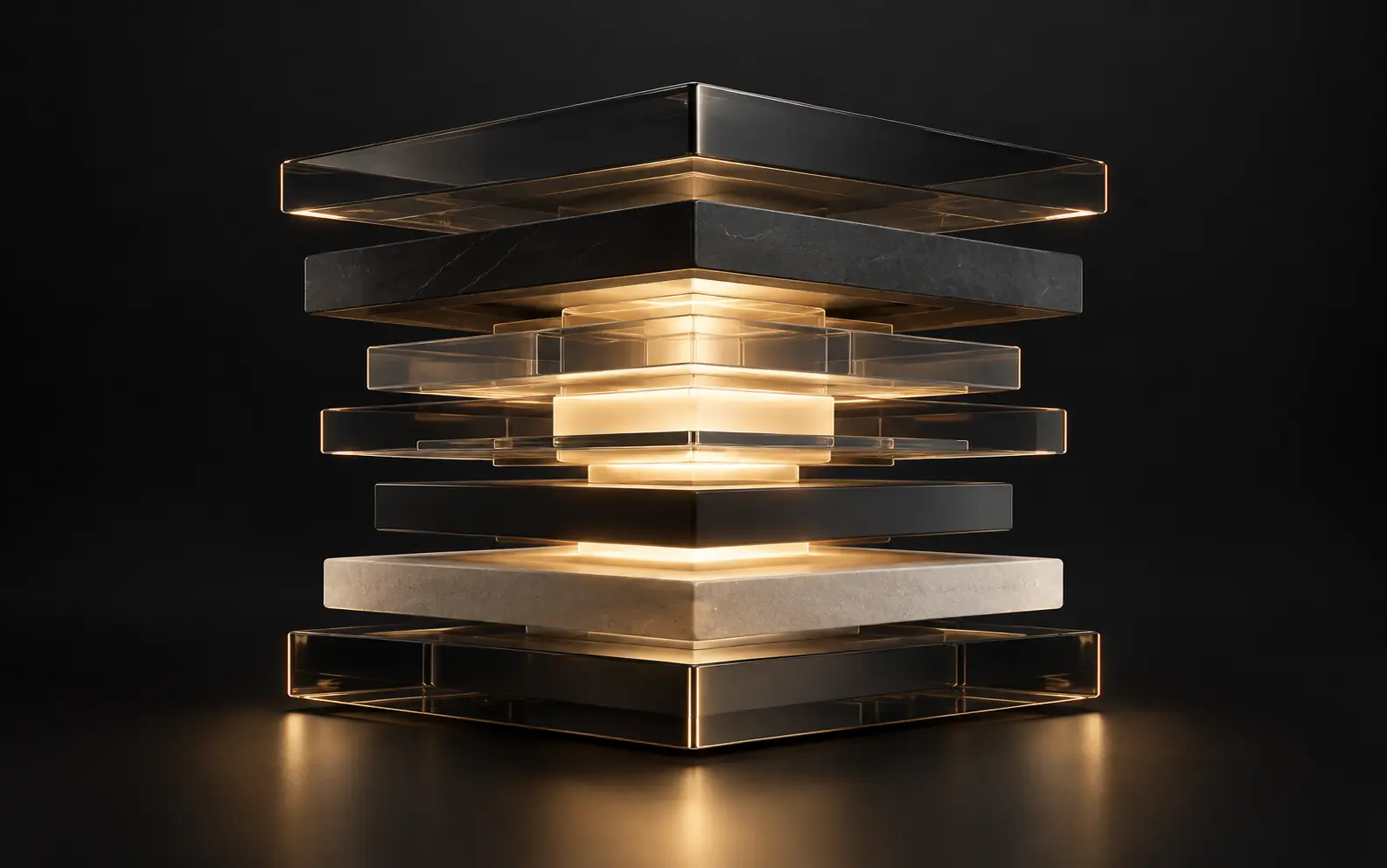 Layered glass modules around a light core — a visual concept for connected digital systems