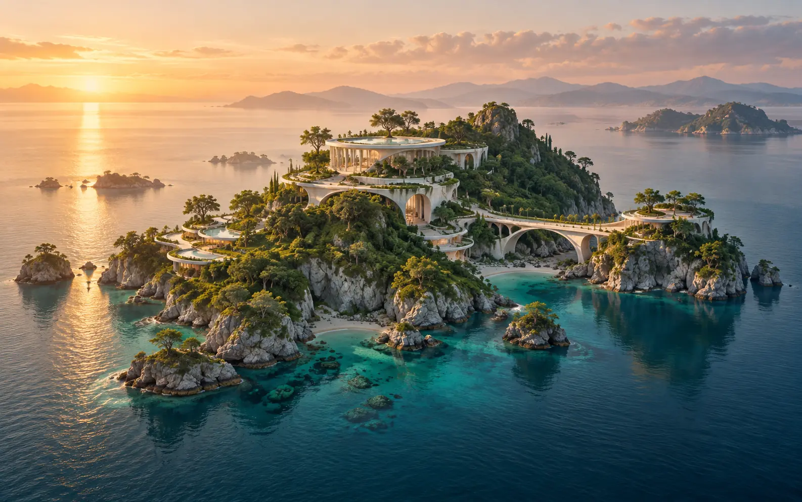 An imagined island with architectural terraces in a calm digital world